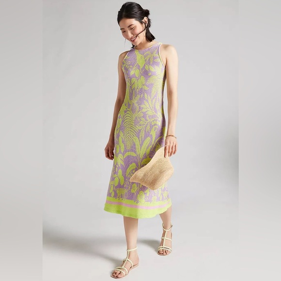 Anthropologie x FARM Rio Textured Knit Midi Purple & Neon Bird Print Dress Small - Picture 3 of 11